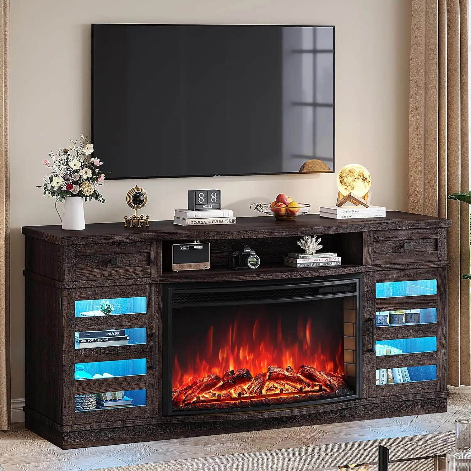 

70" Farmhouse Curved Fireplace TV Stand, LED Light Entertainment Center Table with 36'' Upgrade Electric Fireplace TV Console Ca