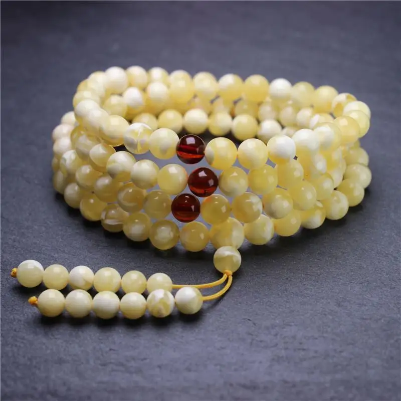 Second-generation Russian amber , 6-7mm, 108 , Buddhist prayer beads bracelet, necklace, sweater chain, porcelain whit
