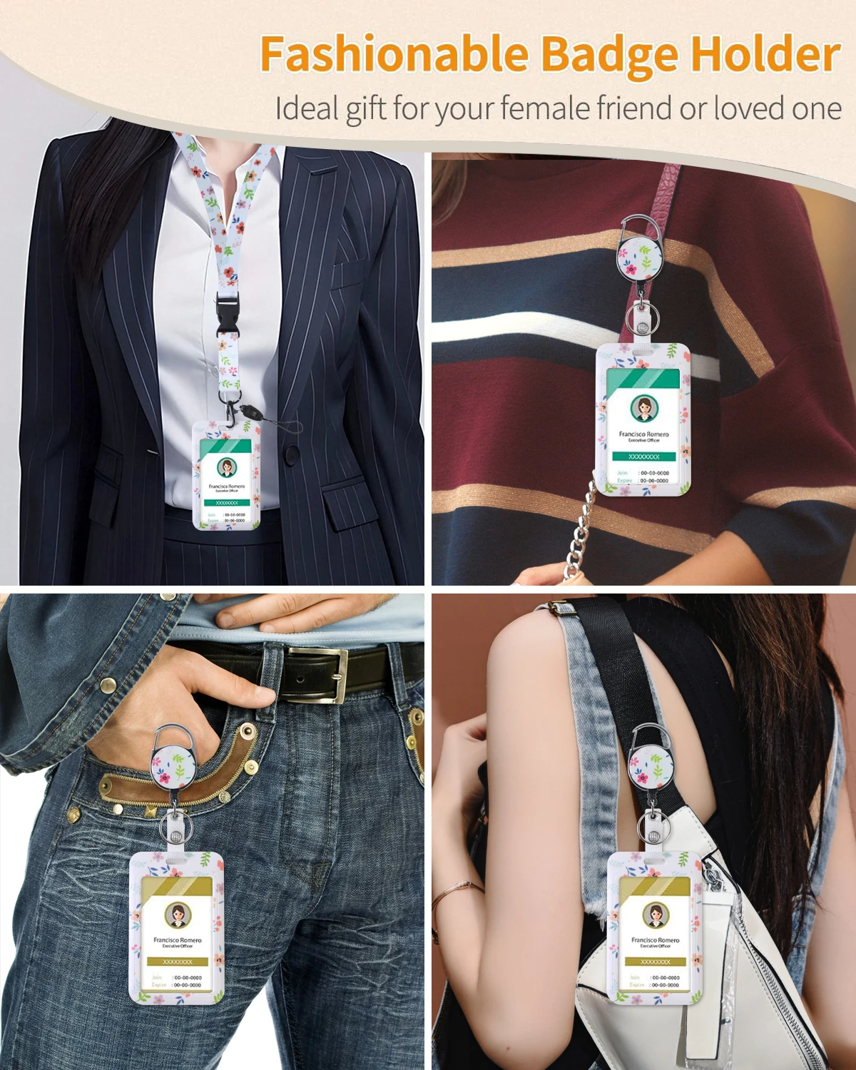 Flower ID Badge Holder with Breakaway Lanyard, Retractable Badge Reel，Work Name Tag Breakaway Lanyard ID Card Protector