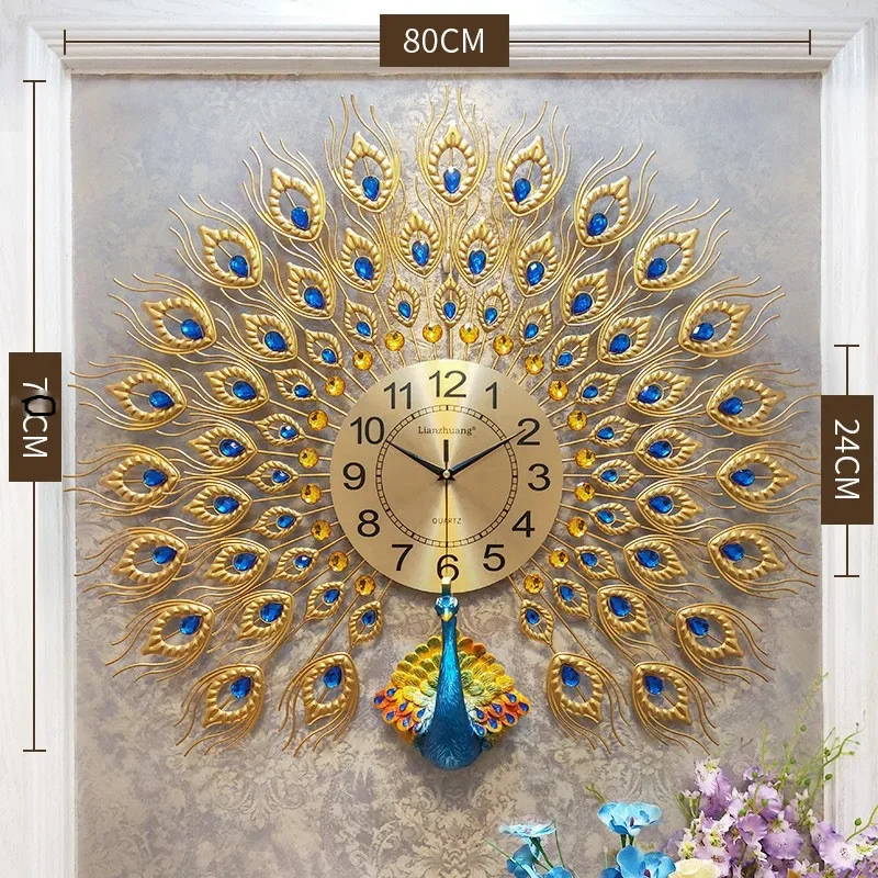 2025 New 60/70cm European Peacock Wall Clock Modern Silent Quartz Luxury Wall Clock for Living Room Home Clocks reloj de pared