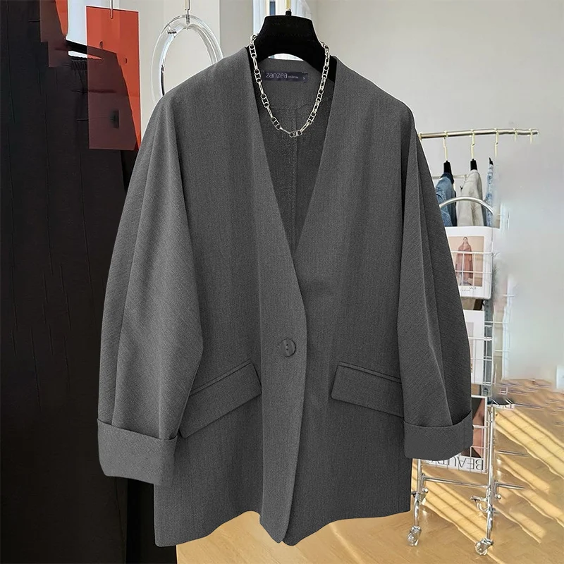 

ZANZEA Элегантные женские блейзеры OL, сексуальные повседневные однотонные пальто с v-образным вырезом, 2026, модная свободная уличная одежда с длинными рукавами, свободная верхняя одежда