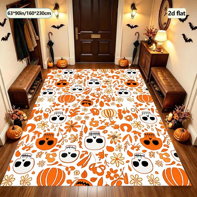 Velvet Rug Pumpkin Skull Floral Print All over for Entryway Bedroom Living Room Decor