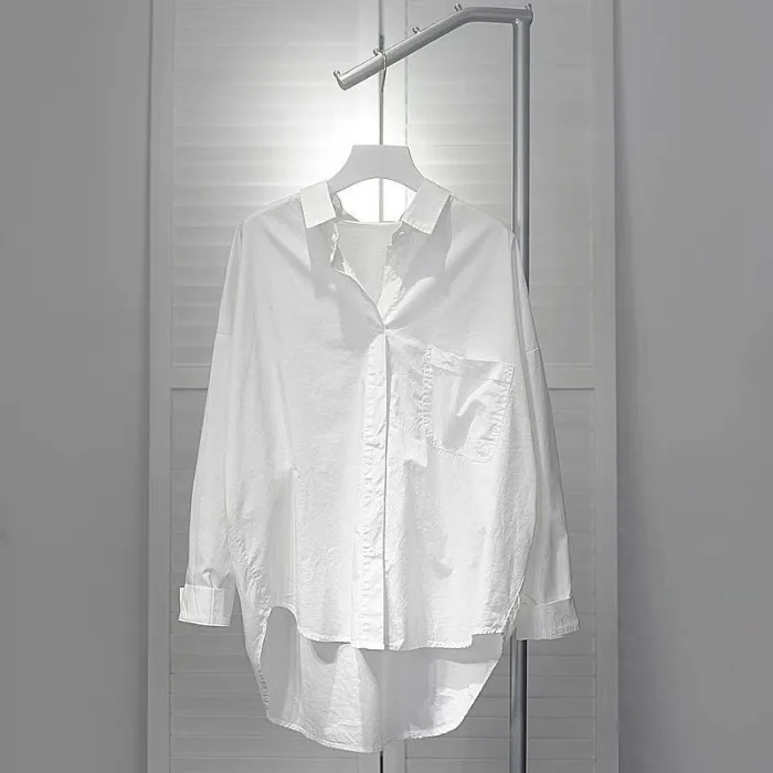 

SuperAen Korean 2025 Spring and Autumn New Solid-color Turn-down Collar Long-sleeved White Shirt Women Design Asymmetrical Shirt