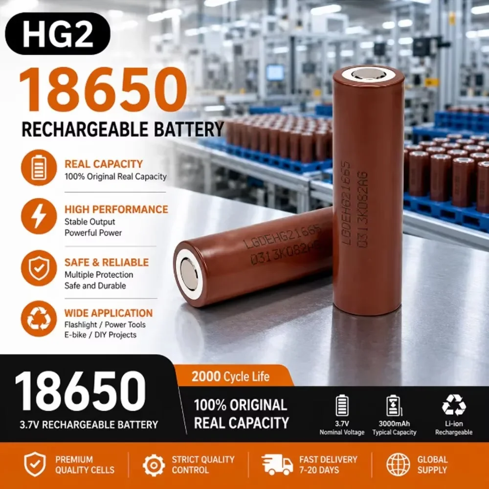 Batteria agli ioni di litio 18650 originale, nuova di zecca, 3,7 V, modello HG2, 3000 mAh, con capacità di scarica di 25 A, batteria ricaricabile, ideale per sistemi di accumulo di energia solare.
