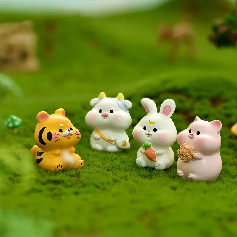 1pc,Cartoon Rabbit Pig Tiger Snake Zodiac Mini Miniatures Animal Fairy Garden Moss Terrarium Resin Decorations Stakes Craft