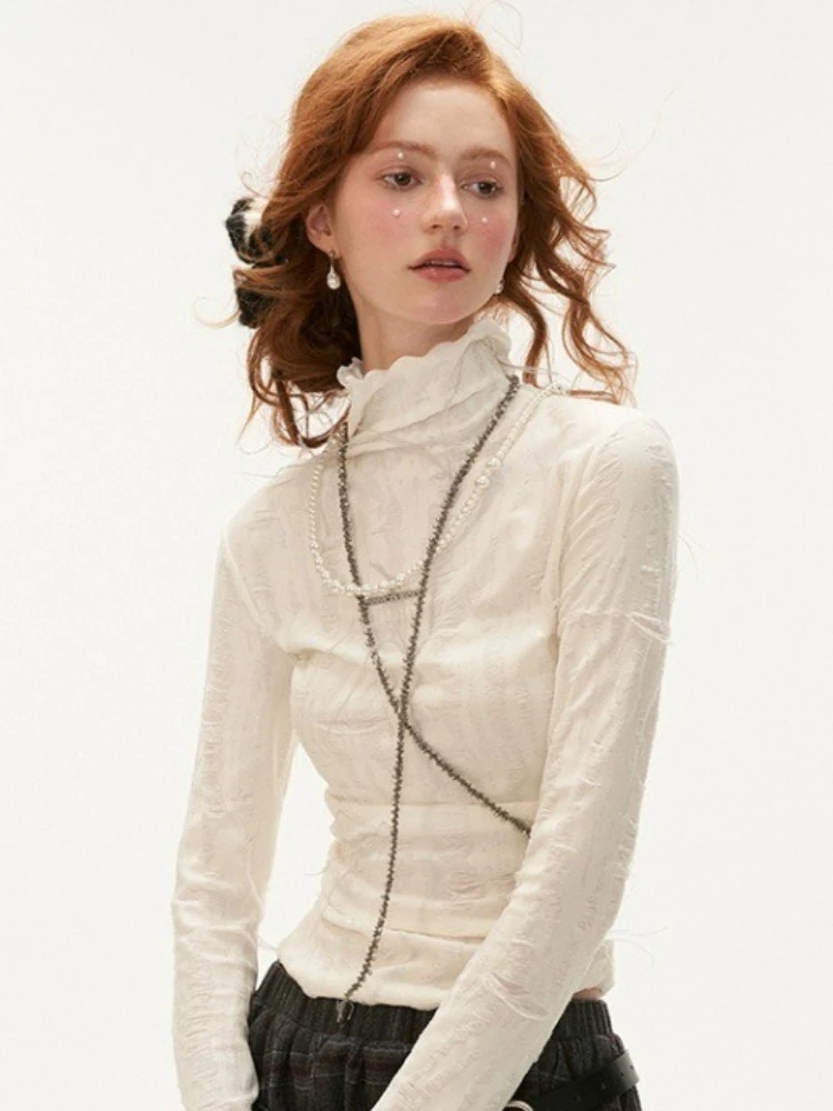 American Retro Harajuku Turtleneck Pullover Women Long Sleeve Slim Tops Streetwear Y2k Vintage Tshirts 2000s Japanese Basic Tops