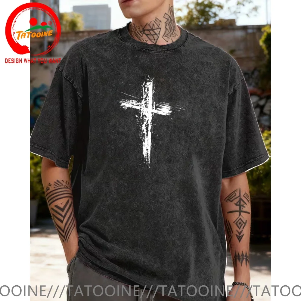Vintage Washed Cotton T-Shirt Funny Designer Splash Design Jesus Cross T Shirt Men Fashion Trendy Casual Clothing Stylish Tops
