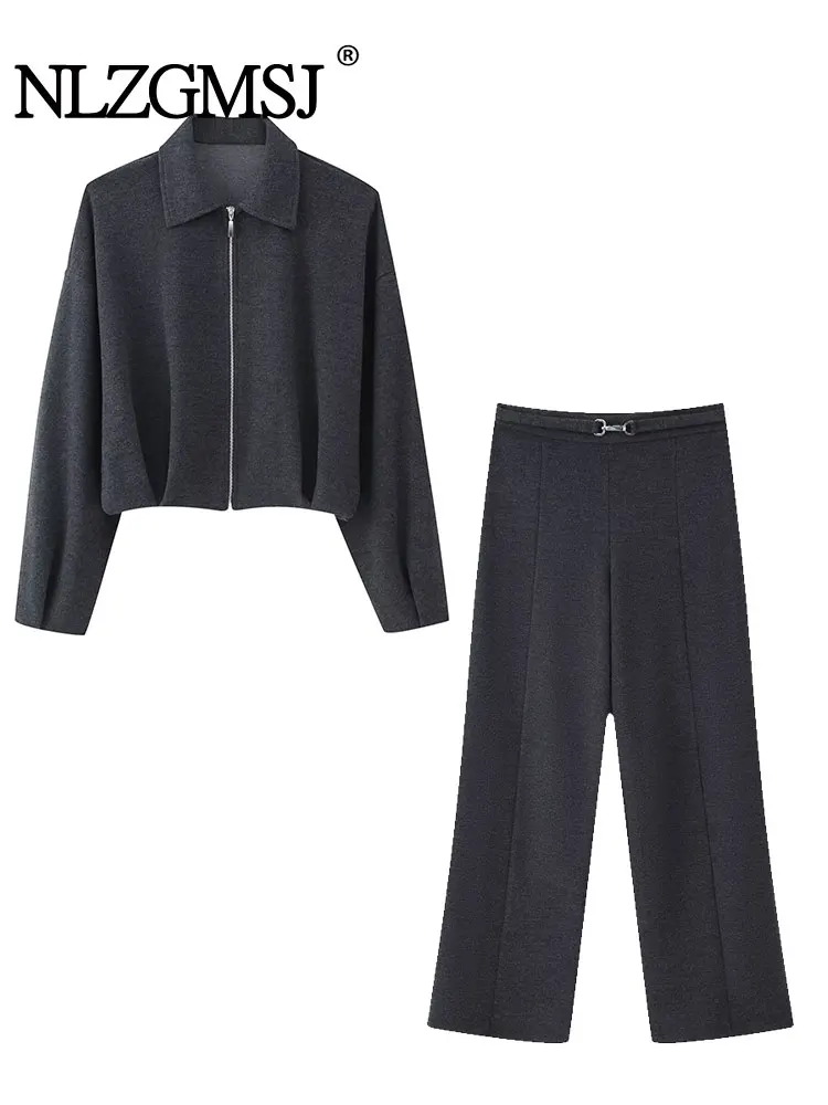 

NLZGMSJ винтажный однотонный женский костюм, куртки на молнии, прямые свободные длинные брюки на молнии, модные осенние комплекты 2021 г.
