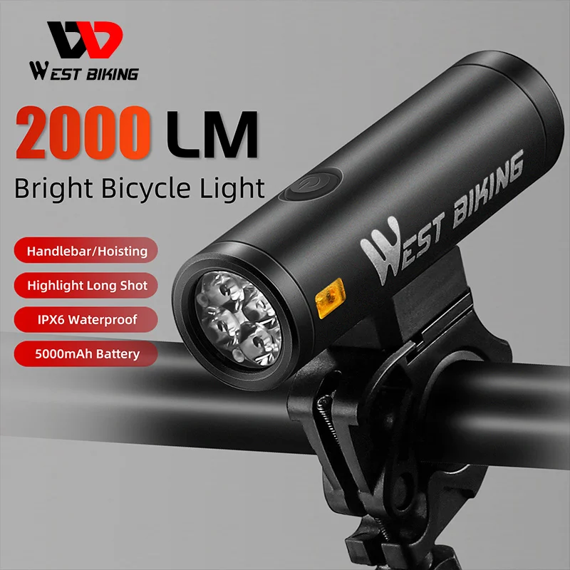 WEST BIKING Bike Light IPX6 Waterproof Bicycle Headlight 800LM/2000LM Aluminum Alloy Flashlight Type-C Rechargeable Cycling Part