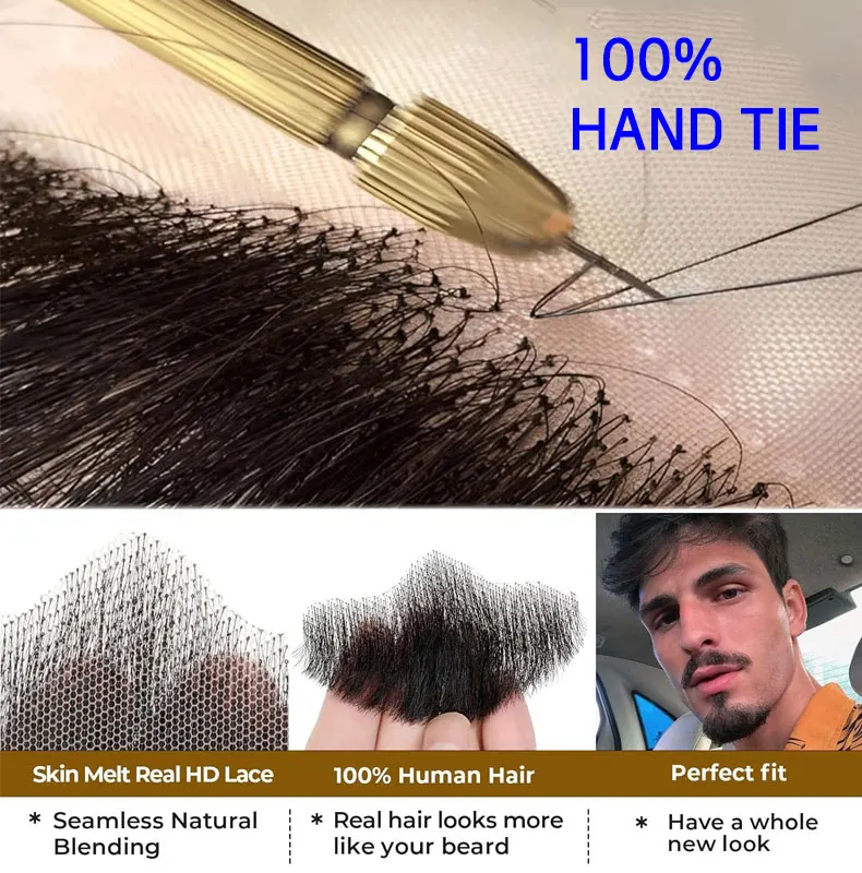 100% cabello humano negro marrón HD encaje malla barba realista bigote falso para hombres maquillaje cabello Facial hecho a mano por barbas invisibles