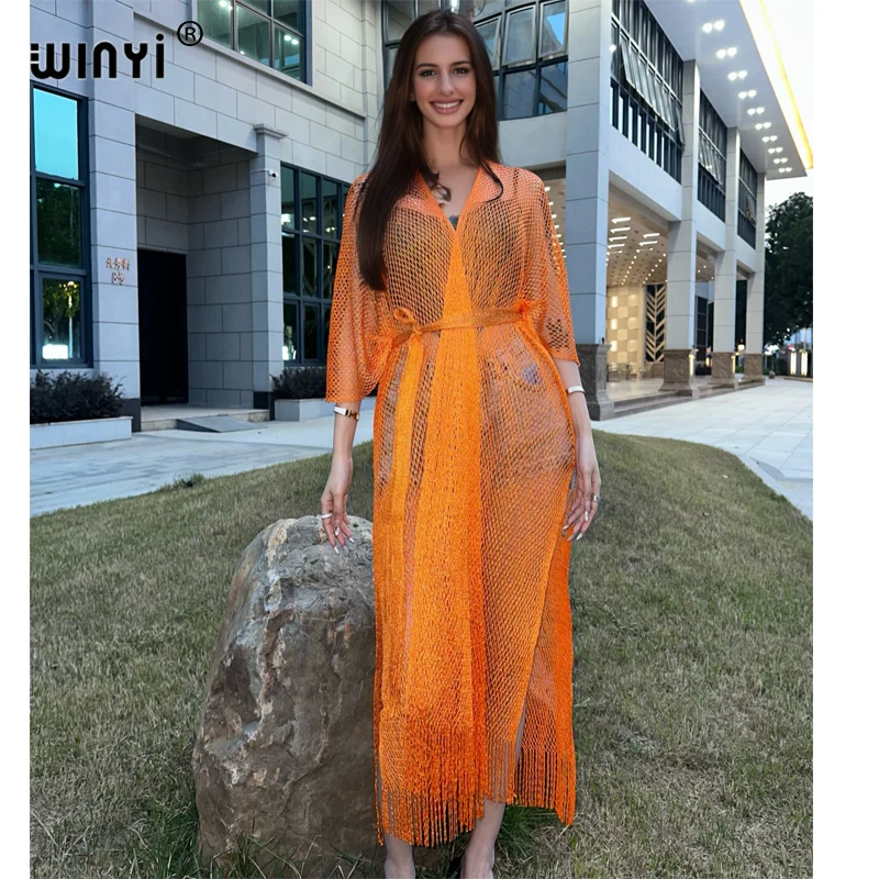 WINYI hollow beach kimono sexy dress with belt Elegant Bikini Cover-up cardigan swimsuit beach outfits for women beach dress