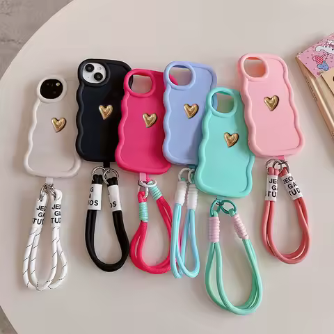 3D Gold Heart Lanyard Rope Phone Case For Samsung Galaxy S25 S24 S23 S22 Ultra 5G Plus S20 S21 FE A55 A35 A15 A25 Cover Couqe