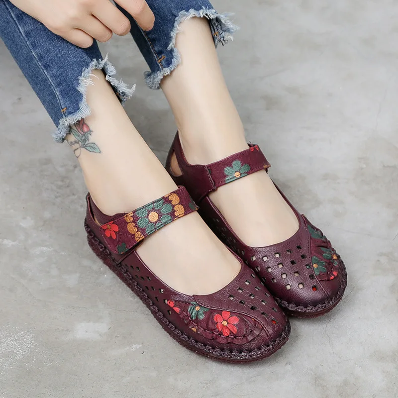 Koznoy 3cm Retro Ethnic Summer Autummn Round Toe Genuine Leather Print Womenbig Size Soft Flats Loafers Shallow Hook Hollow Shoe