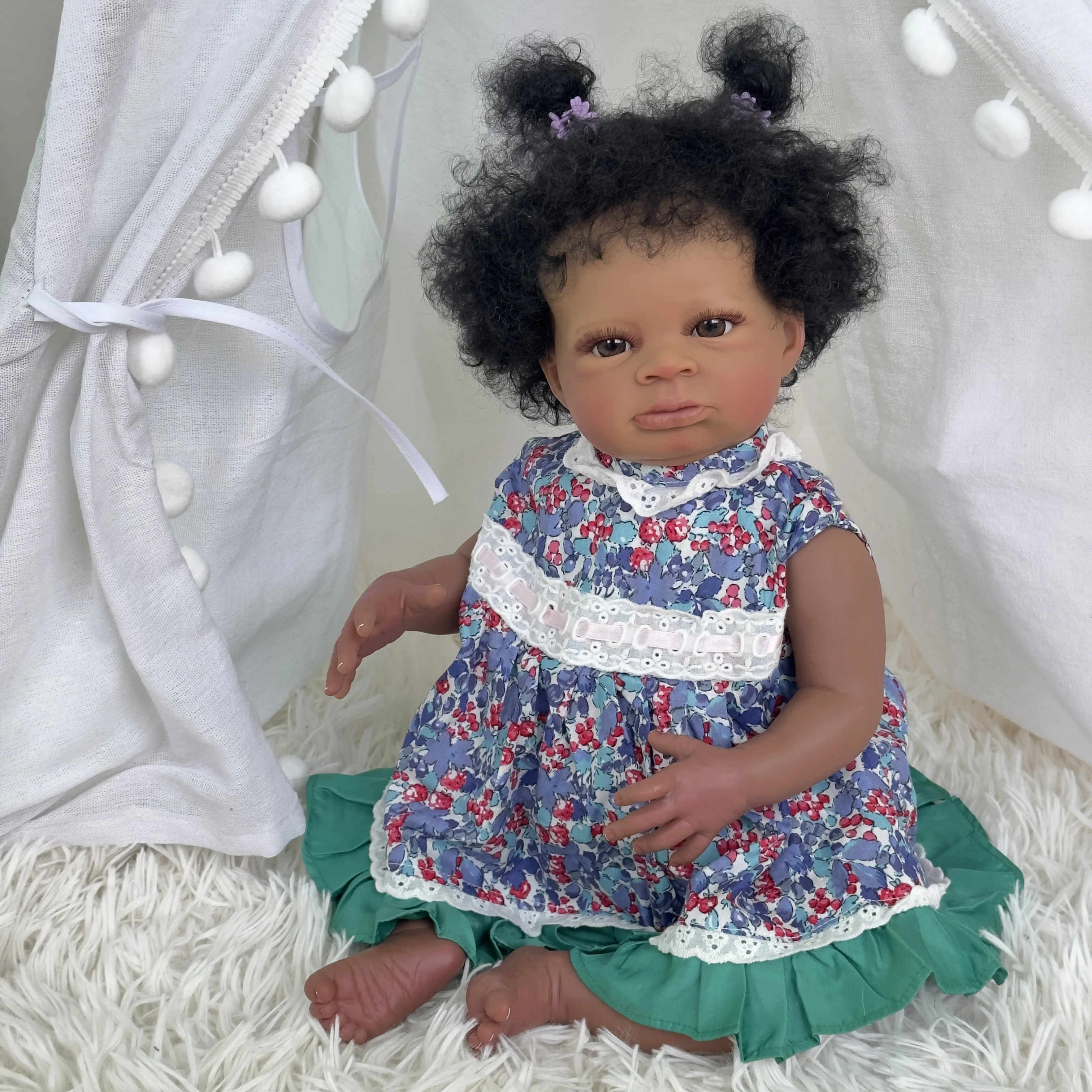 

20inch African Baby Reborn Doll Dark Brown Skin Lanny Girl Lifelike Art Handmade 3D Skin Baby Collectible Art Doll