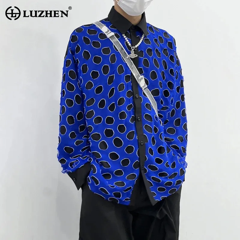 

LUZHEN Color Contrast Hollow Out Design Long Sleeve Shirt Men's 2025 New Personalized Fashion Original Luxury Casual Tops JY3054