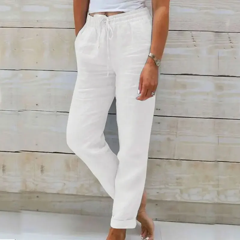 Women High Waist Elastic Waist Solid Cotton Linen Casual Long Straight Pants