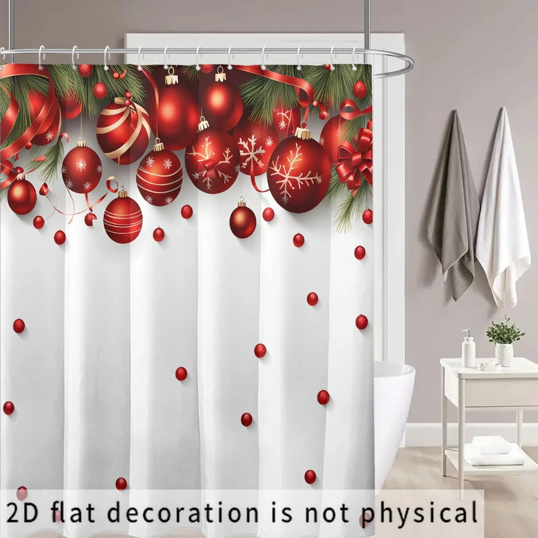 2D Flat, 2D Flat Shower Curtain 1pc, Red Spherical Ribbon and Small Grass Christmas Print Shower Curtain, High-Quality with 12 H