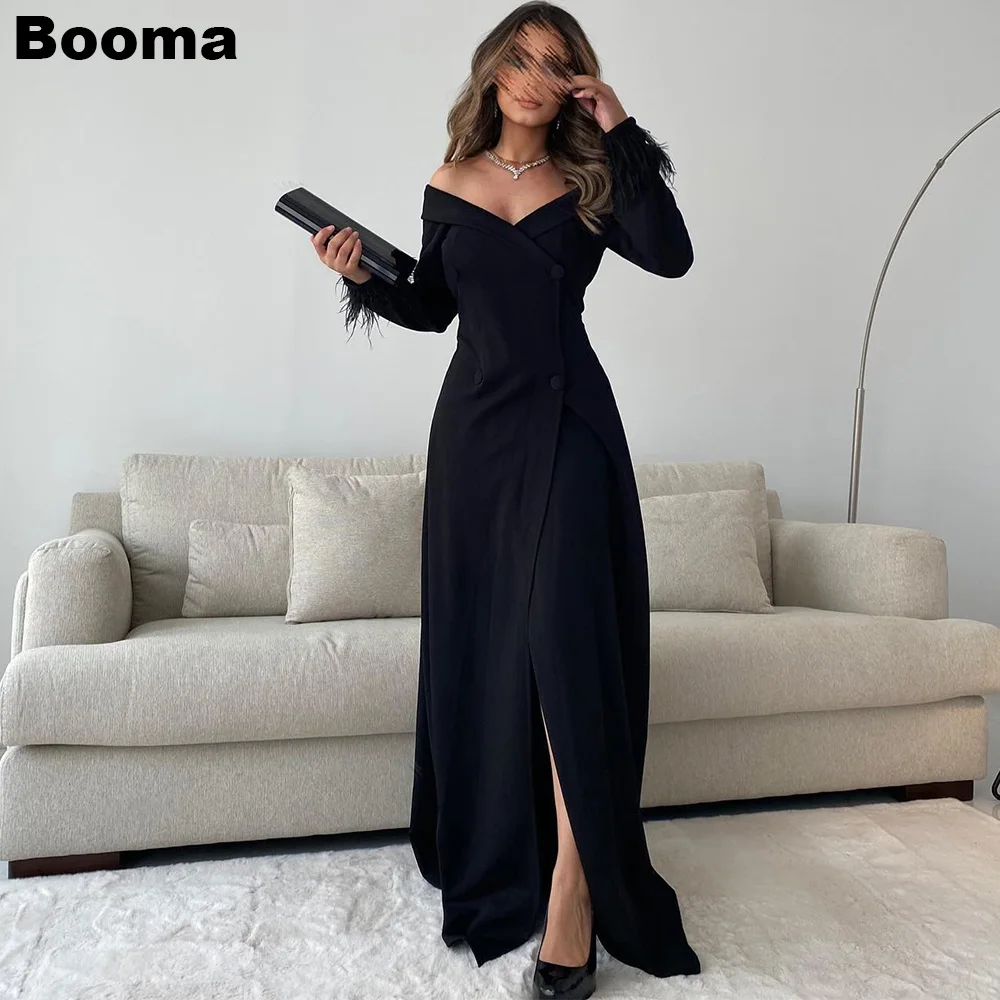 

Booma Black Elegant Mermaid Evening Dresses V Neck Side Slit Prom Gown with Train Saudi Arabia Formal Occasion Dresses for Women