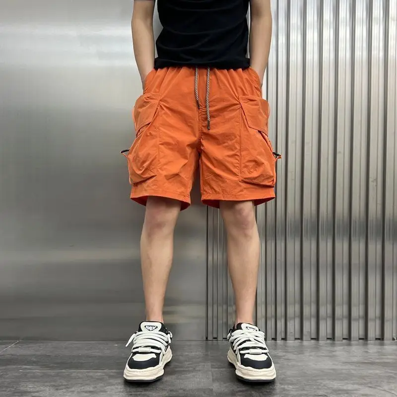 Men's Casual Summer Cargo Shorts Loose Fit Straight Leg Overalls Large Pocket Lightweight Breathable Solid Color Shorts Male