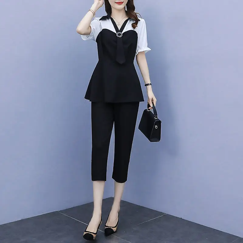 Elegante Mode Patch ework Hose Sets Sommer V-Ausschnitt kurze Flare Ärmel Top elastische Taille waden lange Hose schlanke Damen Sets