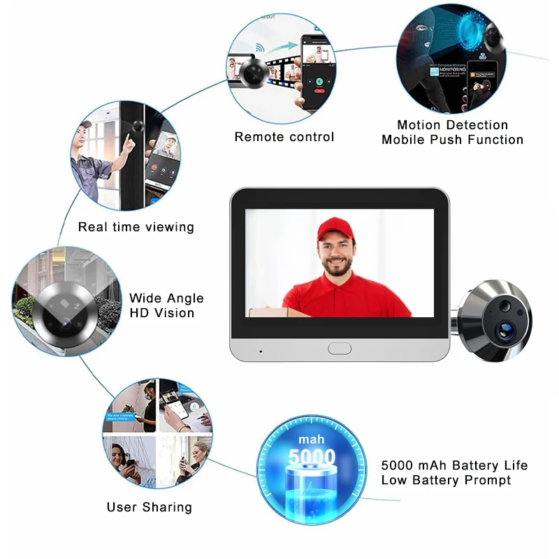 Tuya Smart 2K جرس باب يتضمن شاشة عرض فيديو 3MP ثقب الباب عارض كاميرا الباب الرقمية 140 ° زاوية واسعة صغيرة واي فاي PIR كشف HD جرس الباب عين القط #6