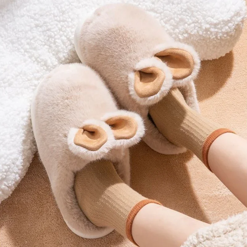 Winter Cartoon Cotton Slippers Women Couples Thick Sole Slip Resistant Indoor Outdoor Extra Warm Fleece Lined