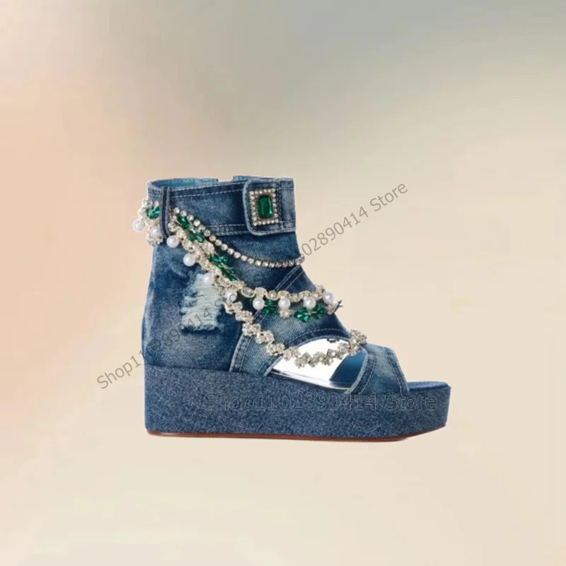 Blue Denim Crystal Chain Decor Mid Calf Sandals Boots Side Zipper Women Shoes High Top Open Toe Fashion 2024 Zapatos Para Mujere