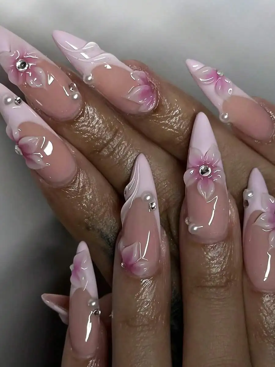 10pcs Almond Shape Handmade 3D Floral Nail Art Stickers Pink White French Tip With Pearl Beads For Women