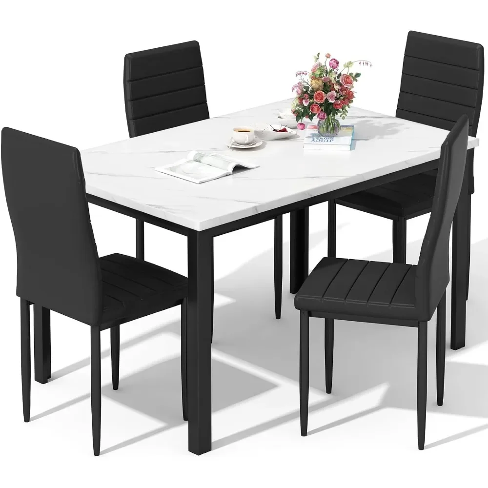 Dining Table Set for 4, Kitchen Table & Chairs Set, Faux Marble Table Set with 4 Upholstered PU Leather Chairs, White & Black