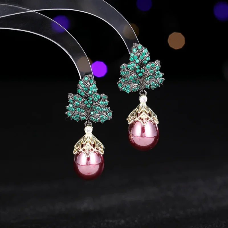 Gorgeous Green Leaf Burgundy Red Pearl Drop Earrings Black-tone Autumn Winter Jewelry