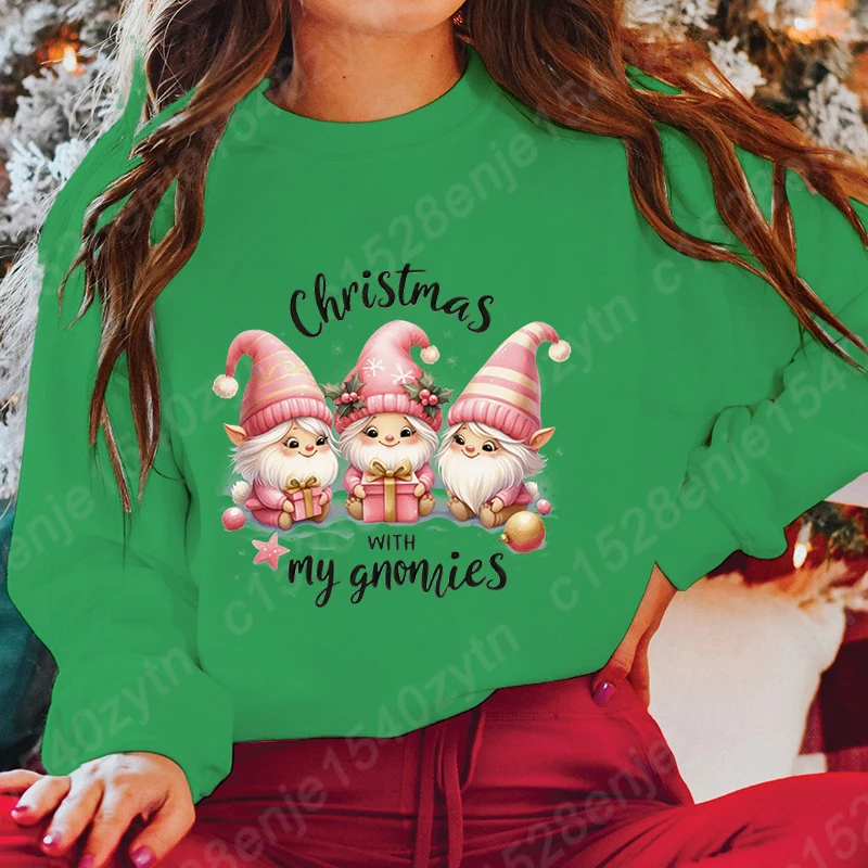 

Christmas With My Gnomies Print Sweatshirts Autumn And Winter Long Sleeve Round Neck Casual Pullovers Women Hoodless Sweatshirts