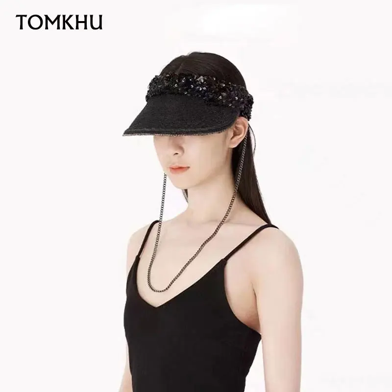 

New Trend Summer Sequin Shiny Grass Paper Straw Hat With Gold Chain Fashion Lady Sunshade Hat Women Visors Cap Designer Style