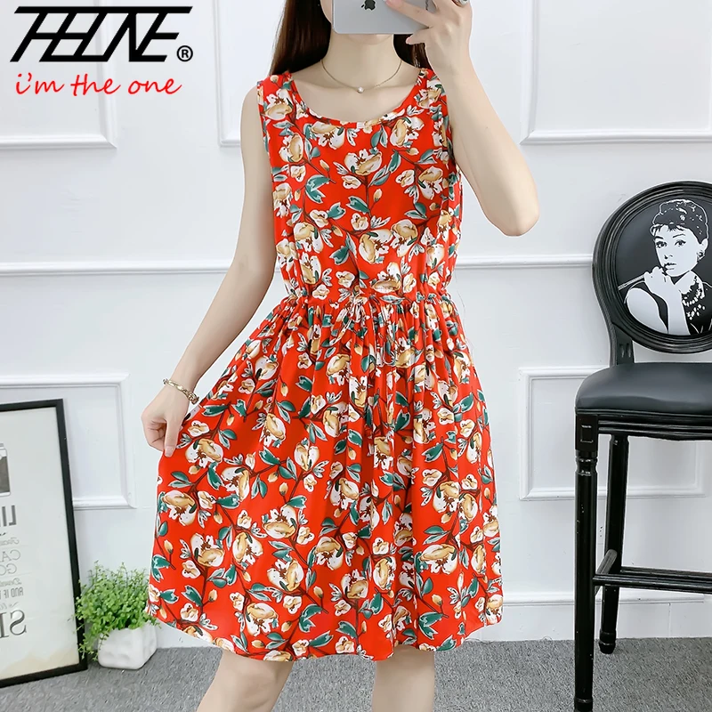 THHONE Dress Women Summer Tank Robe Casual Print Loose Adjustable Waist Draw String O Neck Vintage Sleeveless Elegant Dresses