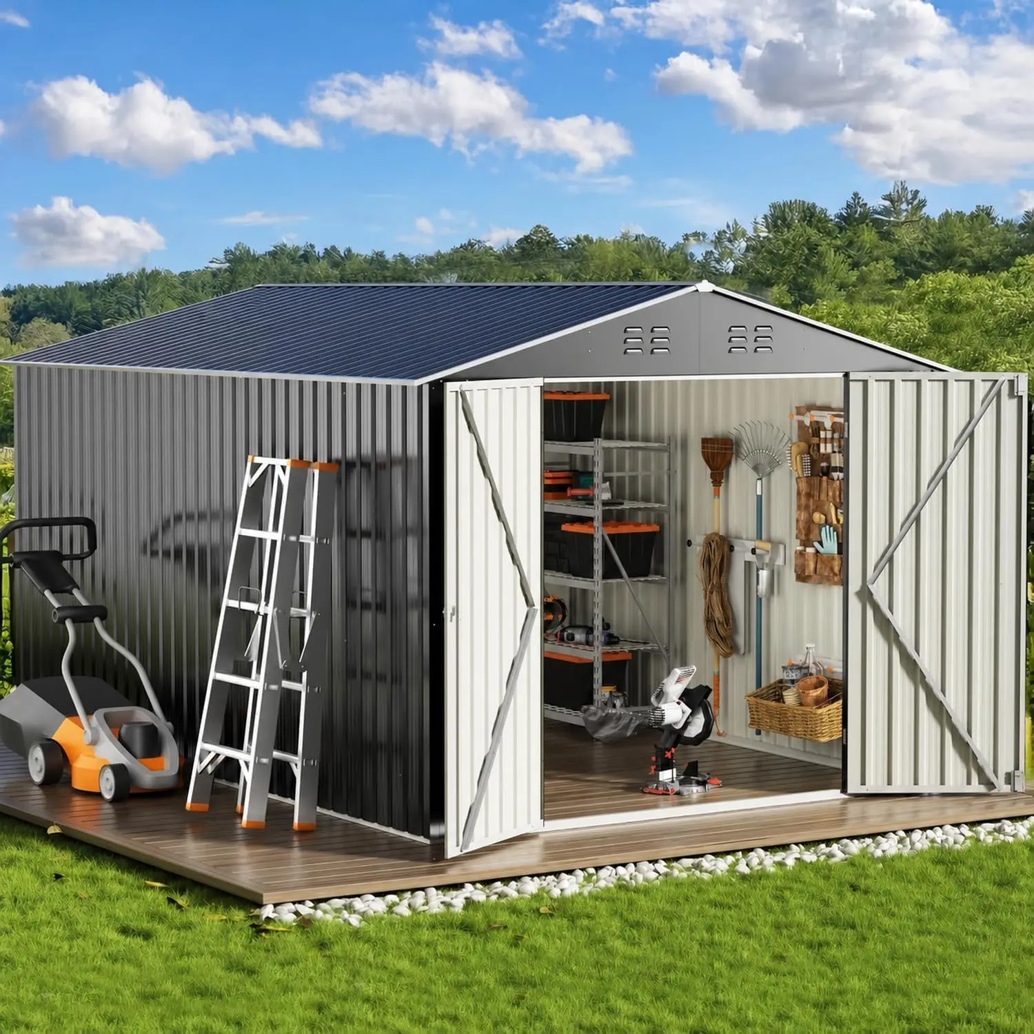 8X12 FT Outdoor Storage Shed Black | Utility Metal Tool Storage with with Lockable Doors and Updated Frame Structure, Metal Gard