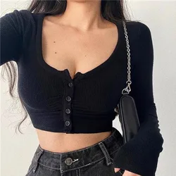 2024 Spring New Sexy Slim Short Navel Exposed Design Sense Pleated Long Sleeved T-shirt Solid Color Comfortable Bottoming Shirt