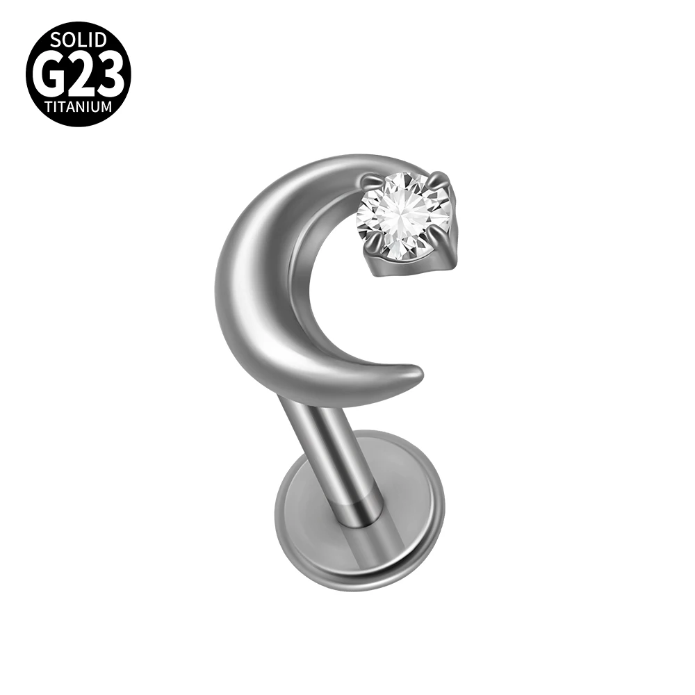 G23 Titanium Moon CZ Internal Thread Labret Piercing Earring