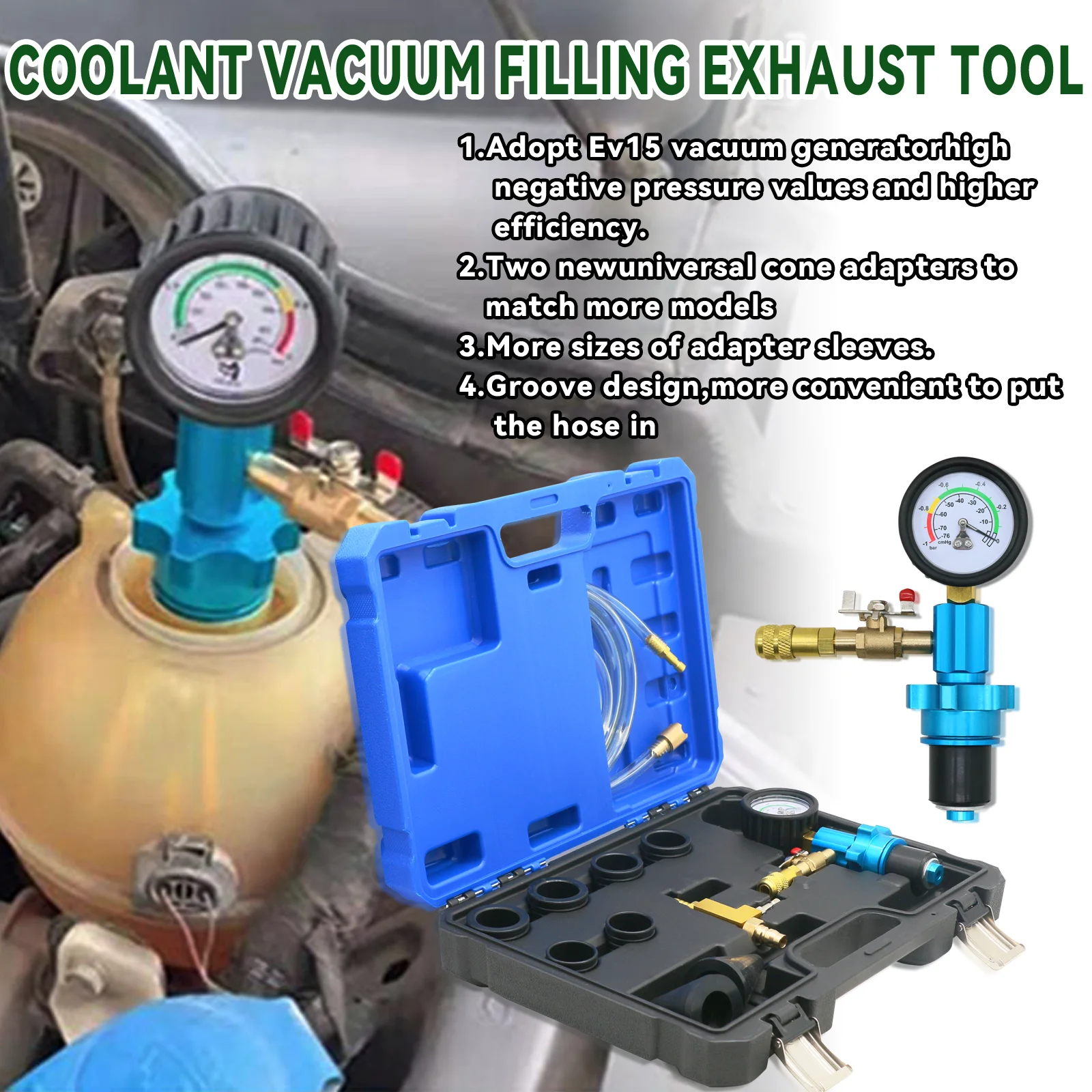 Vacuum replenishment kit for coolant system, car engine antifreeze replacement tool, filling vacuum pump with coolant