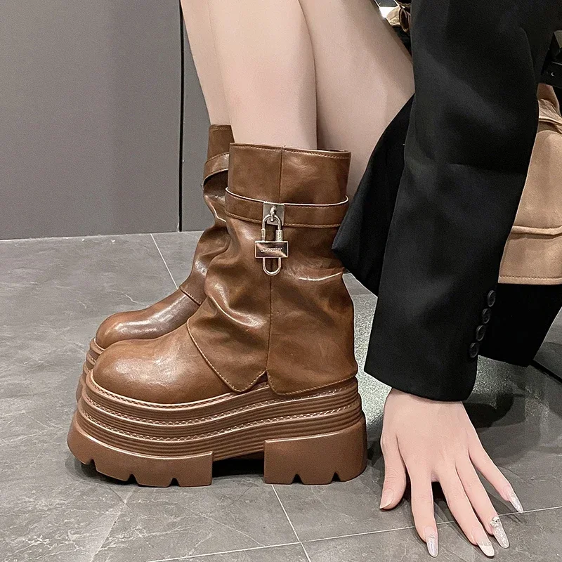 10CM Heels Women's Autumn Winter Leather Ankle Boots Chunky Platform Combat Boots New Non Slip Motorcycle Shoes Woman Punk Boots