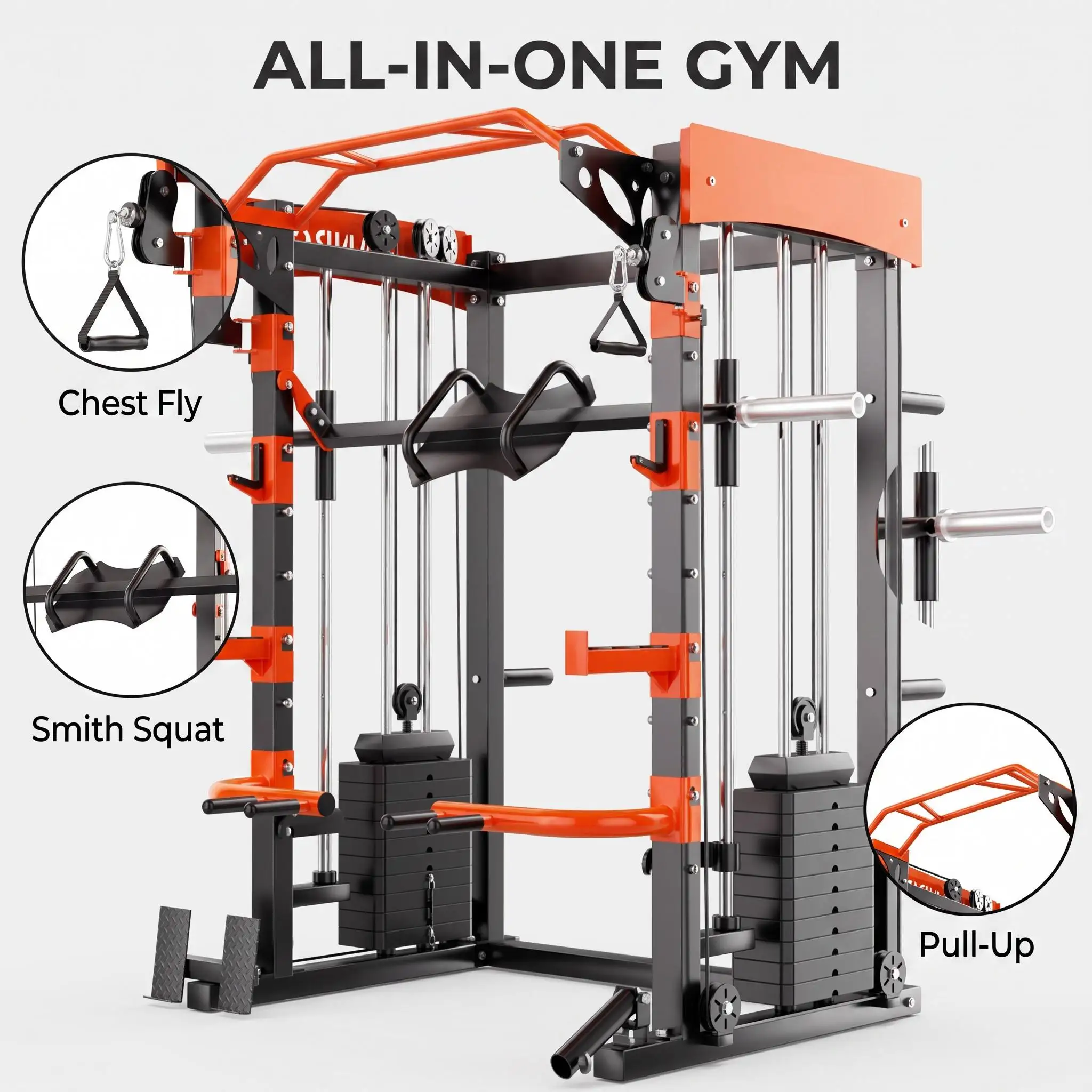 6-in-1 Smith Machine with Cable Crossover & Leg Press, 140kg Stack, Heavy-Duty Home Gym Power Rack for Full Body Workout