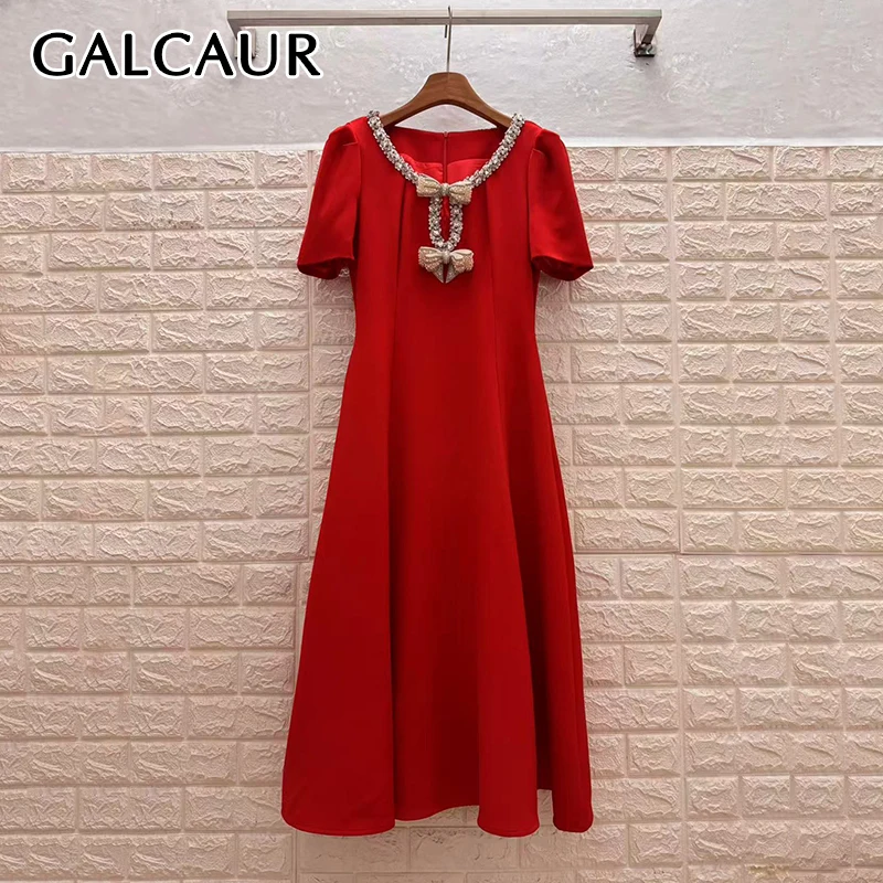 

GALCAUR Solid Slimming Spliced Bead Elegant Dresses for Women Round Neck Short Sleeve Patchwork Bowknot Dress Female Fashion New