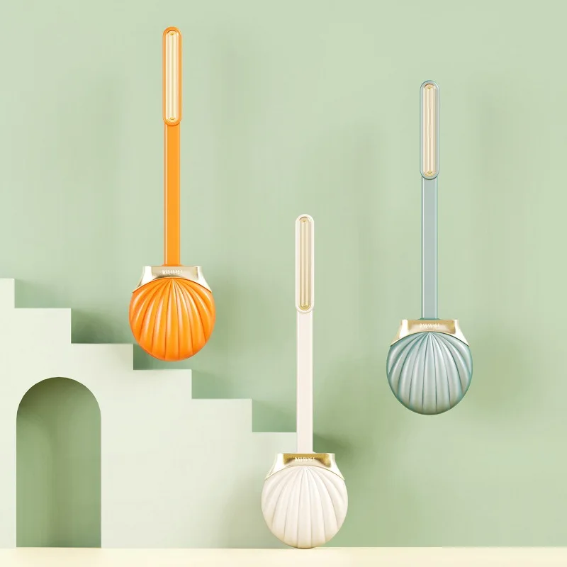 Long Handle Toilet Brush Silicone Brush Head Toilet Brush Shell Shape Holder No Dead Corner Wall-Mounted Cleaning Brush