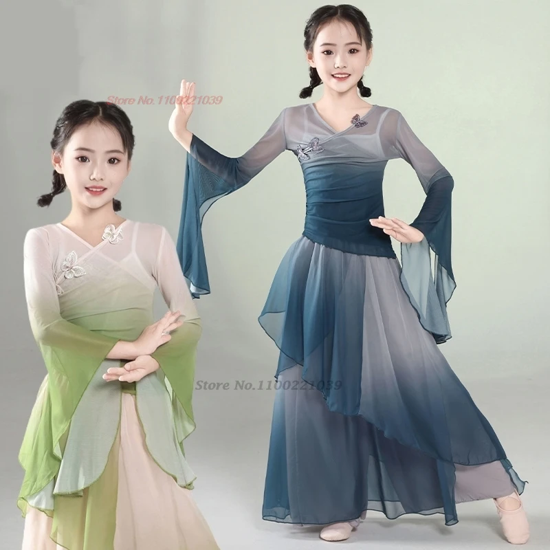 

2026 chinese vintage children folk dance costume gradient color mesh hanfu tops+pants set traditional stage performance dress