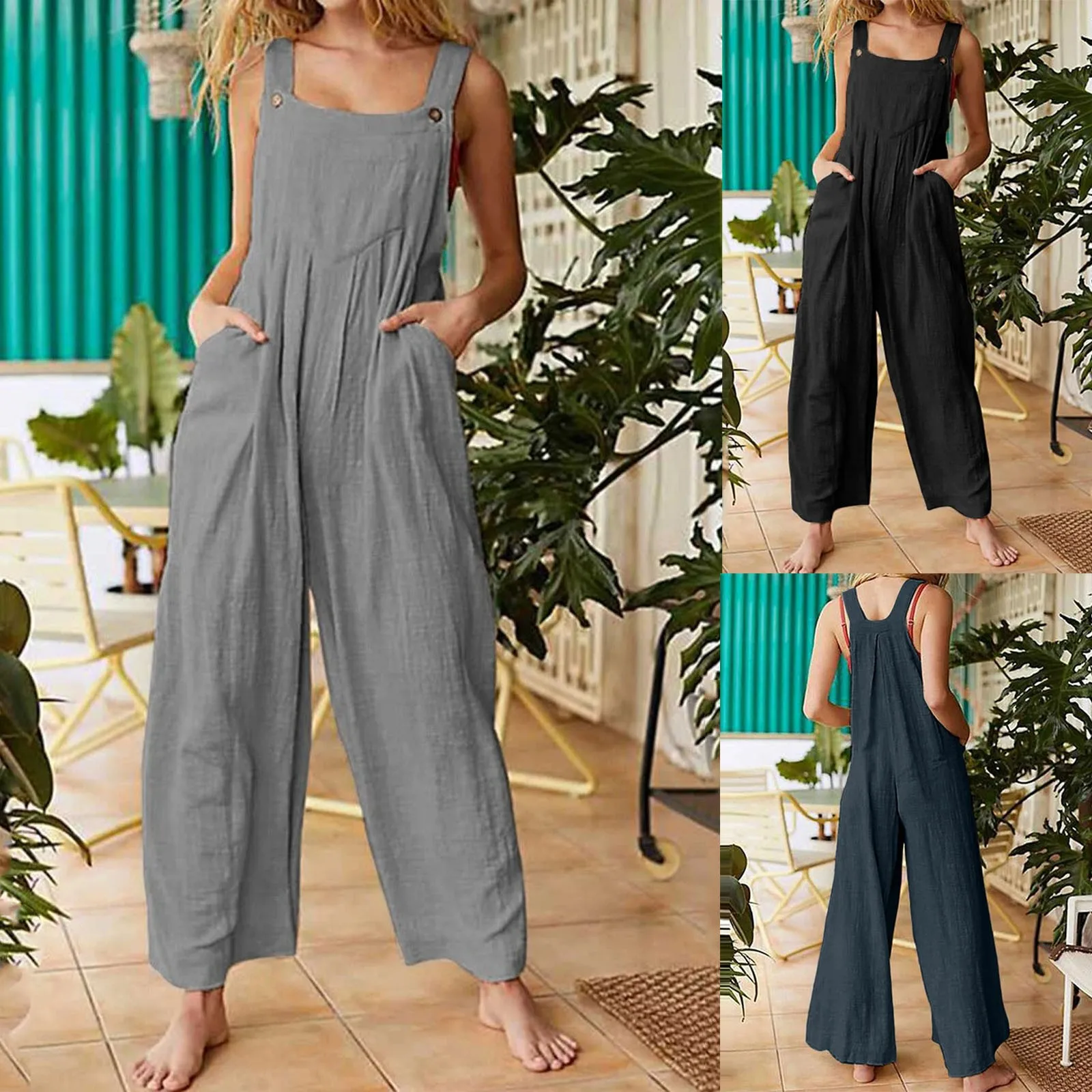 2023 Summer Fashion Retro Holiday Beach Sleeveless Button Strap Jumpsuit Casual Wide Leg Rompers High-waisted Jumpsuit Outfits