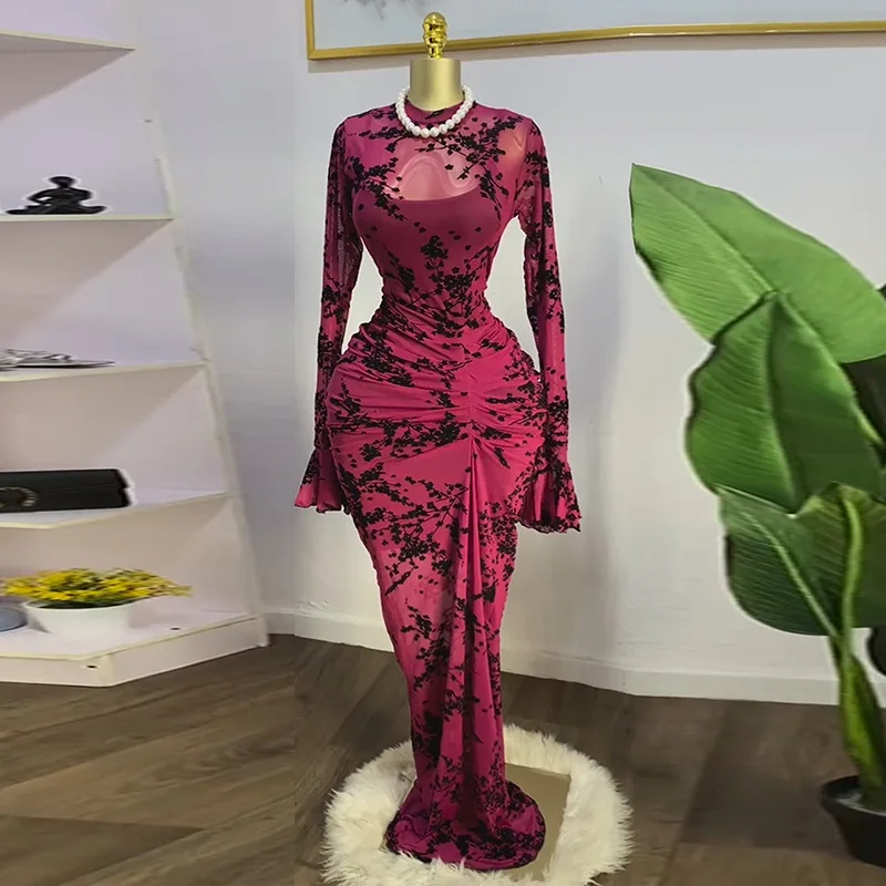 Vestido largo ajustado de manga larga para mujer, malla fruncida transparente con forro, vestidos de fiesta sexys para noche de otoño y cumpleaños