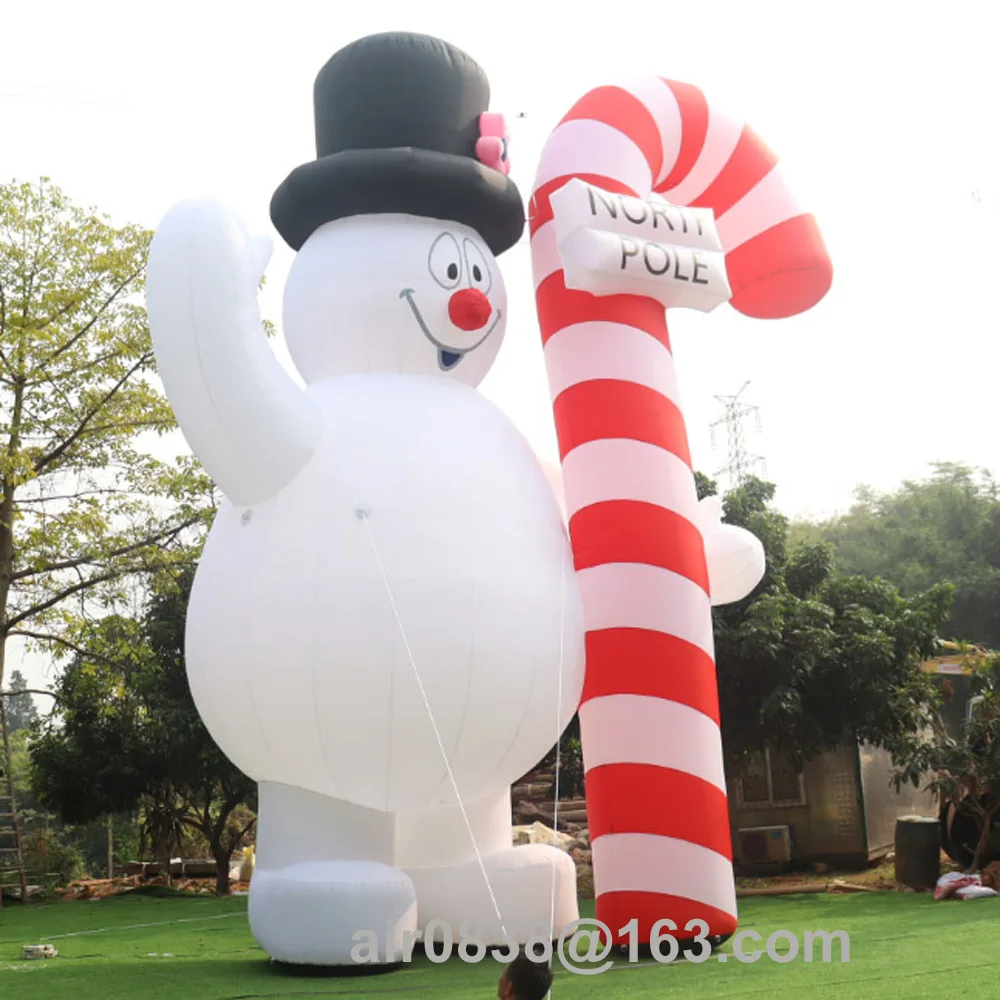 Muñeco de nieve helado inflable gigante para exteriores con bastón de caramelo, globo de dibujos animados de muñeco de nieve iluminado grande para decoración navideña