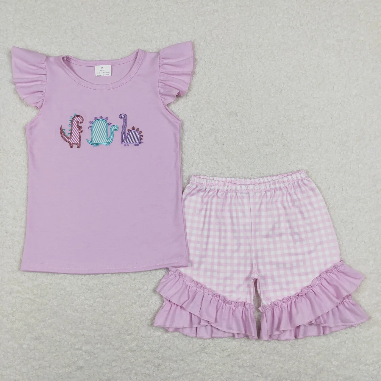 

Wholesale Baby Girl Embroidery Dinosaurs Set Children Summer Short Sleeves Shirt Toddler Plaid Ruffle Shorts Kids Purple Outfit