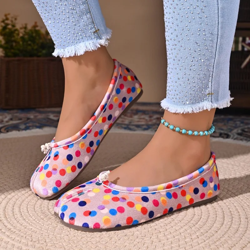 Fabric Dot Print Split Toe Flat Shoes Traditional Knot Ornament Slip on Light Comfort Casual Daily Ladies Walking Footwear