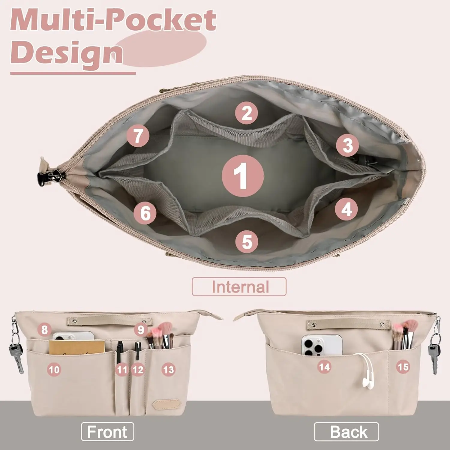 Purse Organizer Insert for Longchamp Le Pliage Large, Tote Bag Dividers for Inside Purse with Zipper and 15 Pockets, Purse Liner