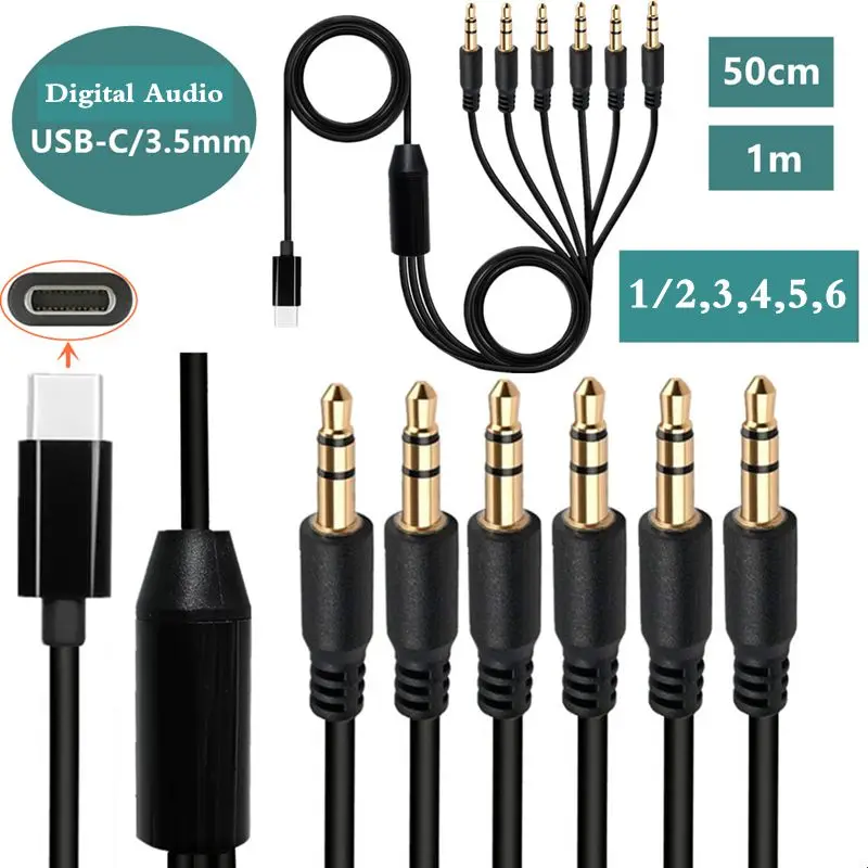 1/2, 3, 4, 5, 6 Multi Head USB Type-C Male to 3.5mm 3-Pole Male With Digital Audio Chip Audio Cable Headphone Cable
