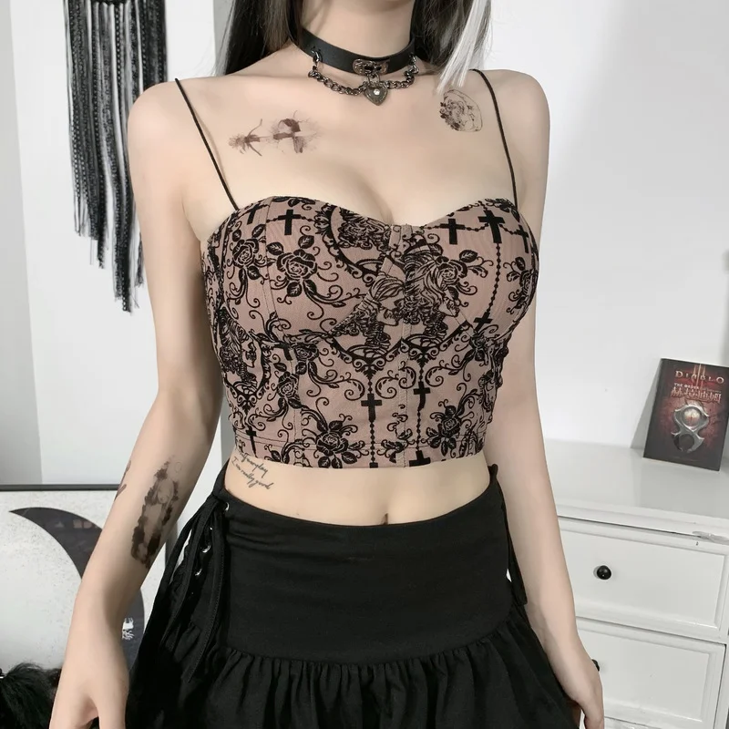 

Mall Goth Dark Academia Gothic Women Camis Vintage Harajuku Grunge Sexy Crop Tops Backless Lace Patchowrk Summer Streetwear y2k